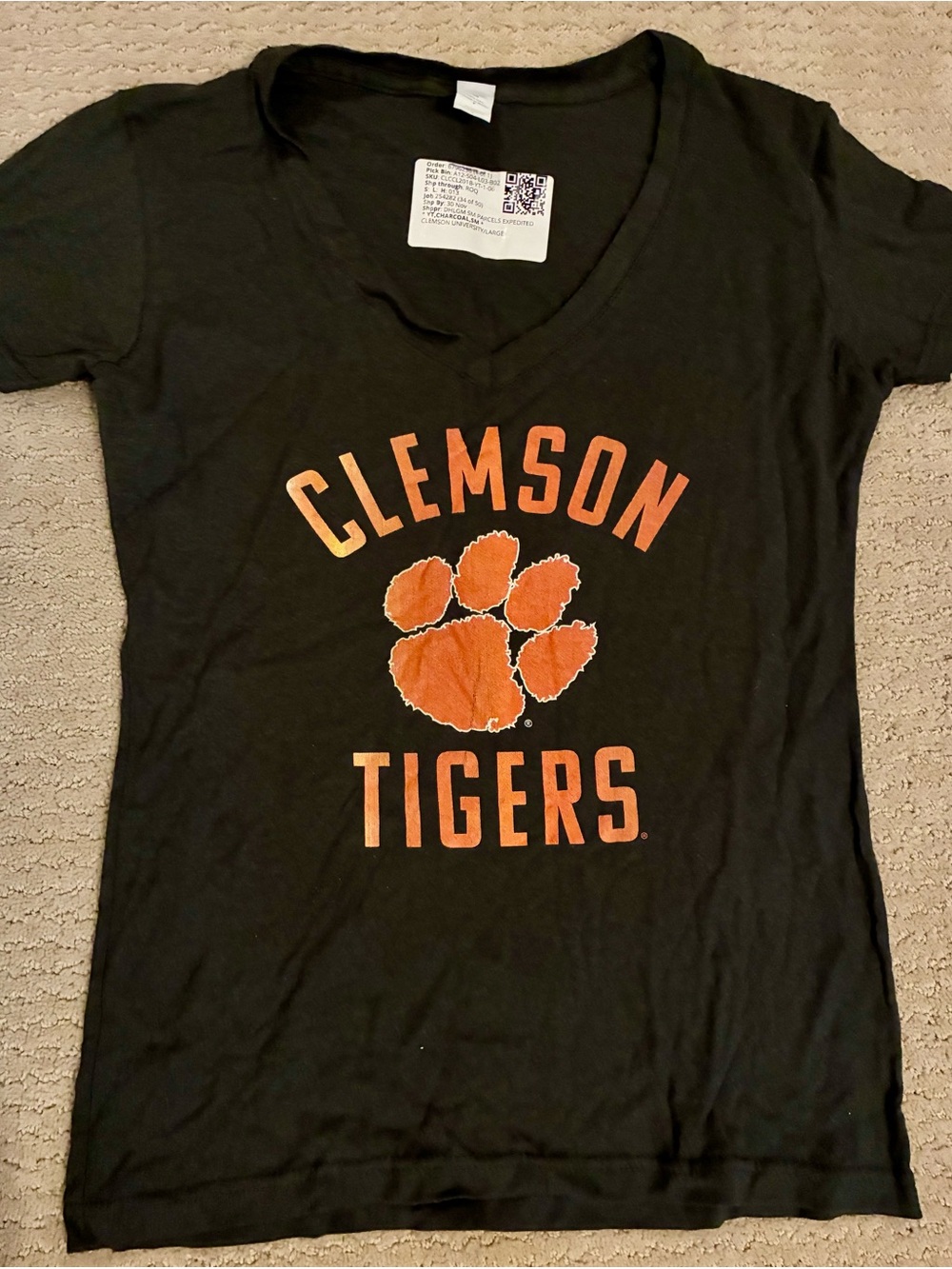 Women's Black V-Neck Tee with Orange Paw Graphic